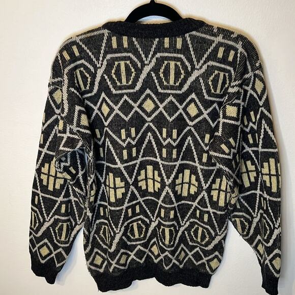 Forum Made in Italy Mens Wool Blend Geometric Knit Sweater Black Beige Small 90s - Picture 11 of 11